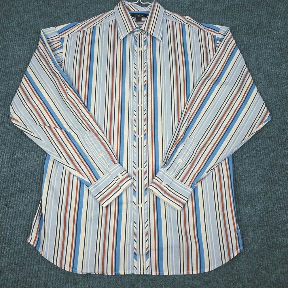 Sean John Mens XXL Blue White Rust Striped Cotton Long Sleeve Button Down Shirt